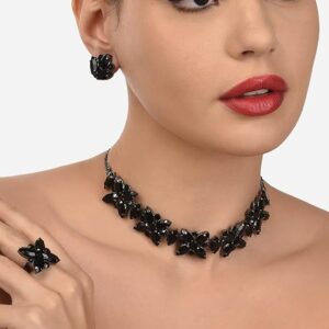 Poojavi Dazzling Stones Embellished Contemporary Necklace Earring & Ring Set For Women