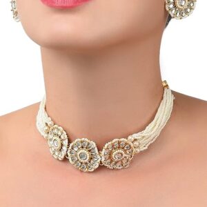 Poojavi Gold Tone Kundan & Pearls Flowers Choker Necklace & earring Set For Women