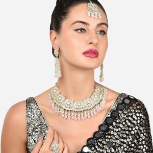 Poojavi  Turquoise Blue & Pink Beads Drop Kundan Choker Necklace Earring Maangtikka Ring Set For Women