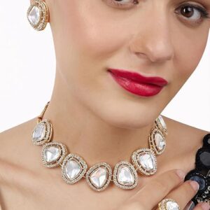 Poojavi Gold Tone Austrian Diamonds Embellished Choker Necklace Earring & Ring Set For Women