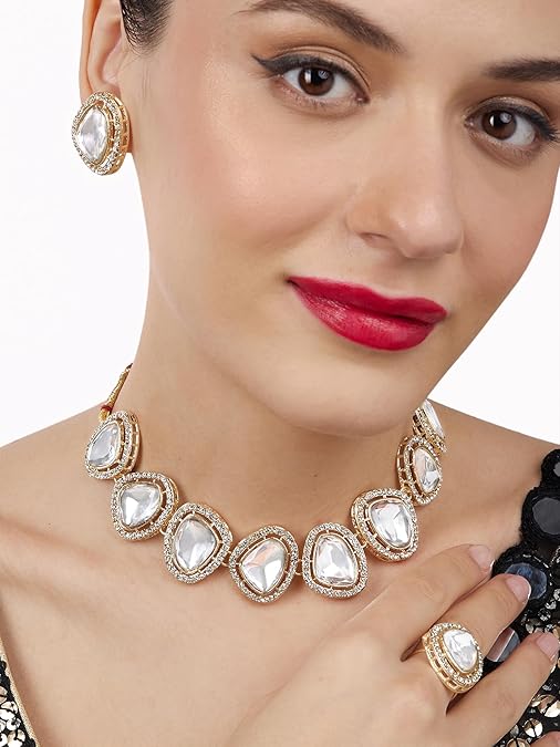 Poojavi Gold Tone Austrian Diamonds Embellished Choker Necklace Earring & Ring Set For Women