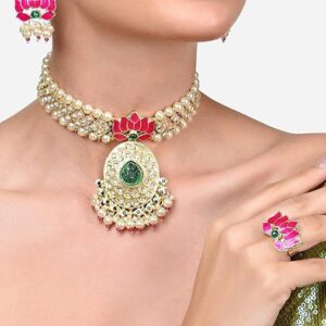Poojavi Pink Green Meenakari Lotus Kundan Choker Necklace Earring & Ring Set For Women