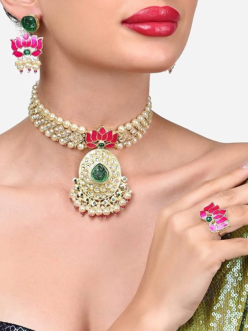 Poojavi Pink Green Meenakari Lotus Kundan Choker Necklace Earring & Ring Set For Women