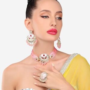 Poojavi Meenakari Lotus Design Multistrand Beaded Choker Necklace Earring & Ring Set For Women