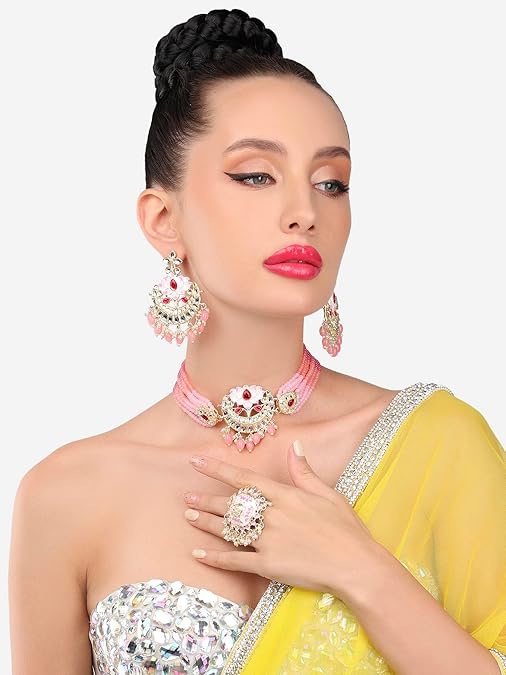 Poojavi Meenakari Lotus Design Multistrand Beaded Choker Necklace Earring & Ring Set For Women