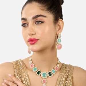 Poojavi Multicolor Stones Dazzling Austrian Diamonds Necklace & Earring Set For Wome