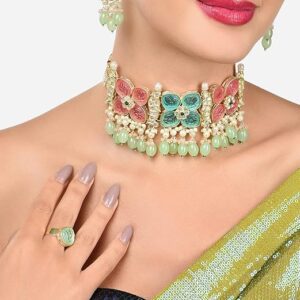 Poojavi Multicolor Stones & Cluster Beads Drop Kundan Choker Necklace Earring & Ring Set For Women