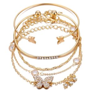 Fashion Set of 5 Stylish Multilayer Crystal Bangle Gold Plated Bracelet for Women and Girls (Golden) (13073b), One Size