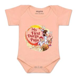 First Durga Puja R-1094 Dussehra Navratri Durga Bodysuit, Sleepsuits, Rompers For New Born Baby Clothes 0-3 Months Unisex Stylish Dress For Baby Boy & Girl, Newborn Infant Outfit