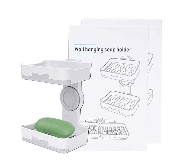 Plastic Wall Mounted Double Layers Soap Dish Saver with Drain Tray, Adhesive Sponge Holder No-Drilling Soap Holder for Shower Bathroom Kitchen - Multicolour