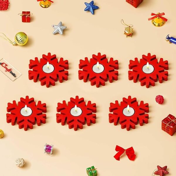 Wooden Christmas Snowflake Decorative Tea Light Candle Holders (Set of 6 Red) Christmas Decoration Items for Home Office| Christmas Gifts for Women Men Girls Boys Kids Family Friends