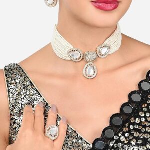 Poojavi Gold Tone Multistrand Beaded Kundan Choker Necklace Earring & Ring Set For Women