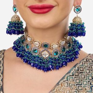 Poojavi Green Stones Cluster Beads Diamonds Choker Necklace & Earring Set For Women