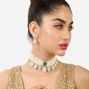Poojavi Pink Green Stones Drop Multistrand Beaded Choker Necklace Earring & Ring Set For Women