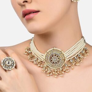 Poojavi Gold Tone Multistrand Kundan Choker Necklace Earring & Ring Set For Women