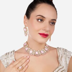 Poojavi Pink Artificial Stones & Beads Choker Necklace Earring & Ring Set For Women