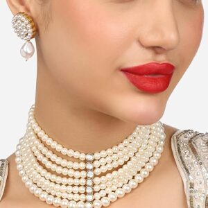 Poojavi Gold Tone Multistrand Beaded Pearls Contemporary Choker Necklace & Earring Set For Women