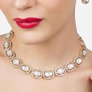 Poojavi Gold Tone Austrian Diamonds & Artificial Stones Choker Necklace & Earring Set For Women