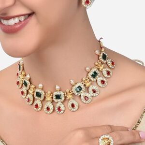 Poojavi Green & Pink Stones Goddess Laxmi Temple Necklace Earring & Ring Set For Women