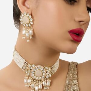 Poojavi Gold Tone Meenakari Multistrand Beaded Kundan Choker Necklace & Earring Set For Women
