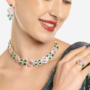 Poojavi Green Pink Cat Eye Stones Beads Statement Kundan Choker Necklace Earring & Ring Set For Women