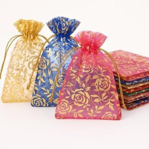 Poojavi Pack Of 25 (10X14 Cms) Organza Return Gift Packing Bags|Pouch For Kids I Return Gift Pouch For Woman I Drawstring Pouches For Wedding Printed Organza Bag Multi Colour