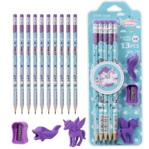 Poojavi 13 Pc Unicorn Theme Stationary Set Includes Pencils with Erasers on Top |Sharpener & Unicorn Shape Eraser Best Birthday return Gifts Party Favor for kids - Blue