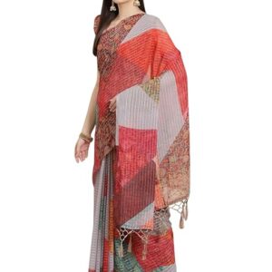 Pure Fancy Linen blend Print Saree Rich Pallu Design Lace Zari Work Trendy Special Occassion Wear With Unstitched Blouse Piece
