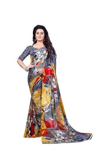 Women's Faux Georgette Printed Grey Color With blouse piece