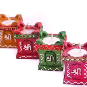 Clay and Terracotta Colourful Hand Painted Puja Tulsi Diya Candle for All Kind of Festival Diwali/Navratri for Home Decoration (Multicolour) (4)