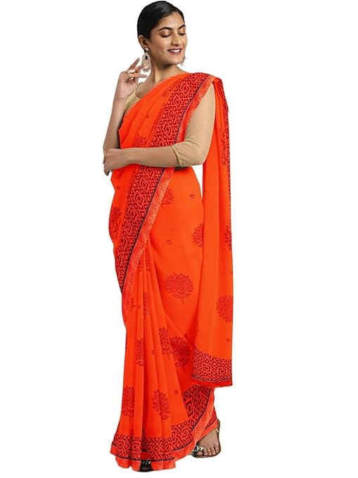 Semizoxis Women's Floral Printed & Lace Georgette Saree with Unstitched Blouse Piece