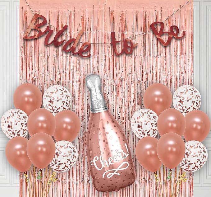 Bride to Be Decoration Set Combo - Huge 14 Pcs, Rose Gold Bridal Shower Decorations Kit | Bachelorette Party Decorations Items | Bride to Be Banner (Cardstock) | Rose Gold Foil Curtains
