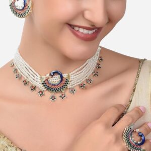 Poojavi Multicolor Meenakari Peacock Inspired Multistrand Pearls Choker Necklace Earring & Ring Set For Women