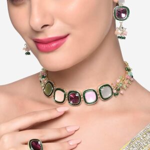 Poojavi Multi Colour Multistrand Beaded Cluster Choker Necklace Earring & Ring Set For Women