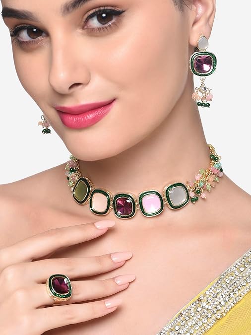 Poojavi Multi Colour Multistrand Beaded Cluster Choker Necklace Earring & Ring Set For Women
