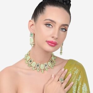 Poojavi Green Stones & Beads Kundan Choker Necklace Earring & Ring Set For Women