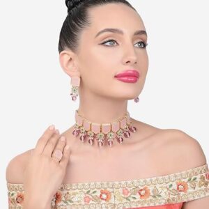 Poojavi Pink Green Stones Beads Kundan Choker Necklace Earring & Ring Set For Women