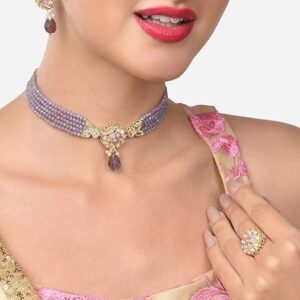 Poojavi Purple Multistrand Crystal Beaded Kundan Choker Necklace Earring & Ring Set For Women