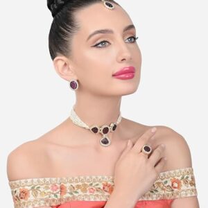 Poojavi Purple Stones Multistrand Pearls Choker Necklace Earring Maangtikka & Ring Set For Women