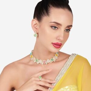 Poojavi Multicolor Stones Embellished Ethnic Choker Necklace Earring Bracelet & Ring Set For Women