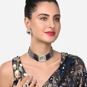 Poojavi Grey & Blue Multistrand Ethnic Choker Necklace Earring & Ring Set For Women