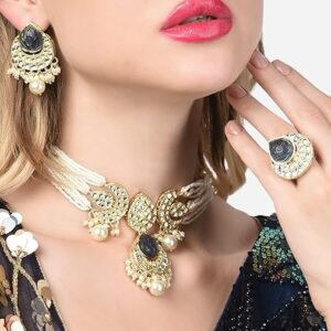 Poojavi Grey Stones Embellished Multistrand Pearls Choker Kundan Necklace Earring & Ring Set For Women