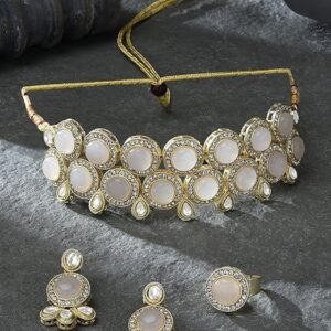 Poojavi Beige Colour Artificial Stones Ethnic Choker Necklace Earring & Ring Set For Women