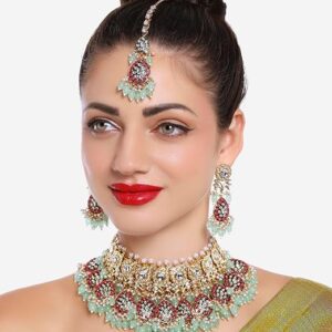 Poojavi  Rani Pink & Green Kundan Cluster Beads Drop Bridal Necklace Earring & Maangtikka Set For Women