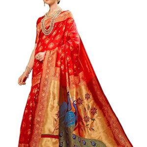 Poojavi Women's Paithani Silk Blend Woven Saree With Blouse Piece
