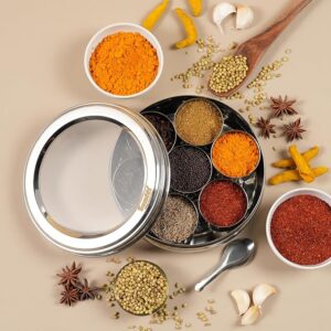 Stainless Steel Belly Shape Masala (Spice) Box/Dabba/Organiser With See Through Lid With 7 Containers And Small Spoon (Small), Beige