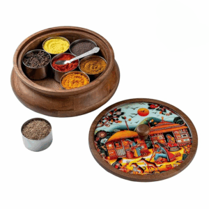Wooden Spice box for kitchen with spoon, Mango wood box with 7 Steel containers | Masala box for kitchen | Masala Dani | Best Gift (Red Masala Box)