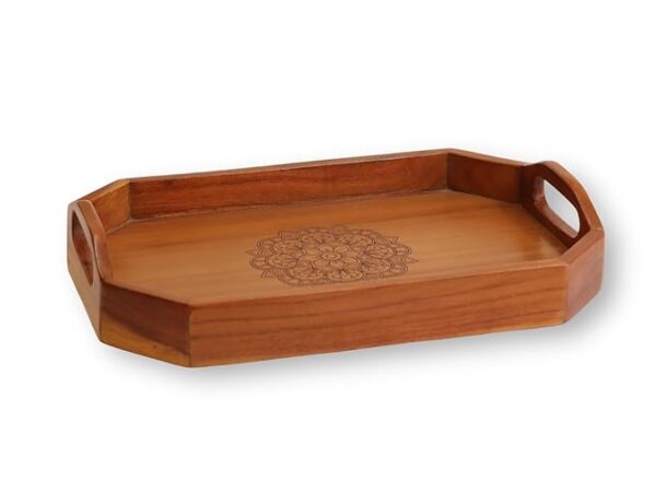 Wood Serving Tray with Engraved Mandala Design | Rectangular Wooden Organizer Tray for Kitchen, Dining, Office & D?cor | Ideal for Snacks, Tea & Organizing | 38 x 25 x 8 cm
