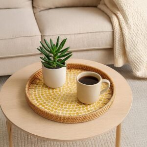 Cultures Fabricating India Multipurpose Trays | Wooden Tray for Decoration | Decorative Ceramic Serving Board | Wooden Serving Trays - Yellow, Round (Medium: Dia28 x H3 cm)