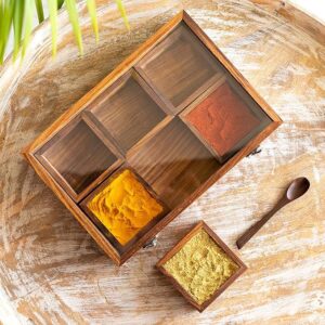 Masalas Blends' Sheesham Wooden Spice Box for Kitchen with Spoon (6 Large Containers, 120 ml, Brown)| Masala Container Spice Box Wooden Namak Dani for Kitchen Masala Box Wooden Dani